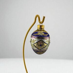 Unique Treasures Hand Blown Glass Egg Ornament w/ Blue and Gold Accents Crystals